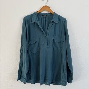 Eileen Fisher Womens XL 100% Silk Tunic Blouse Roll Tab Sleeves Pocket Shirt